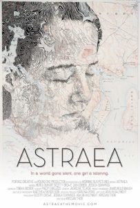 Film poster for Astraea. Image on poster is drawing of main character that also doubles as a map. 