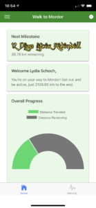 Screenshot of the Walk to Mordor App. It shows a green bar filled one third. It also says that there are 38 km to go before I reach the next milestone in Sam and Frodo's journey. 