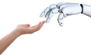 Robot fingers gently touching human fingers