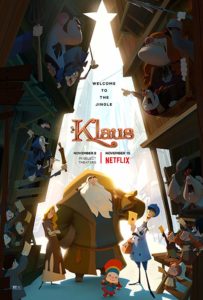 Film poster for Klaus. It shows santa with Jesper and a village child. Theyre surrounded by other characters who are looking at them with emotions ranging from adoration to annoyance. 