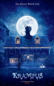 Krampus film poster. It shows the demon standing on the roof of the home the main characters live in. 
