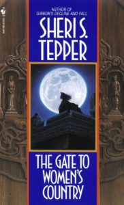 The Gate to Women's Country by Sheri S. Tepper book cover. Image is of top of a building, a woman standing in profile, and a full moon. 