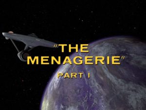 Screenshot from Star Trek: The Original series episode "The Menagerie Part 1." The Enterprise and a planet are in the background of this shot. 
