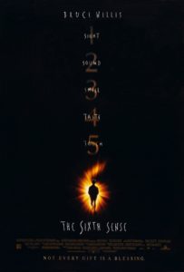The Sixth Sense film poster. It has five numbers on it. Numbers 1 through 5 are illuminnated and named the five sense. Number 6 on the post shows the outline of a child. No sense is named there. 