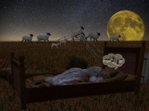 Woman counting sheep in her mind while lying in bed. Outside, a flock of sheep are literally jumping over a fence. 