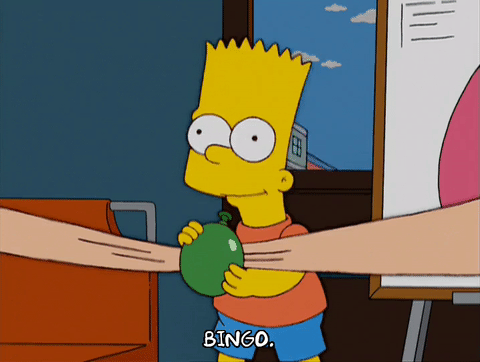 Gif description: Bart Simpson shooting a water balloon with the help of a rubber launcher.