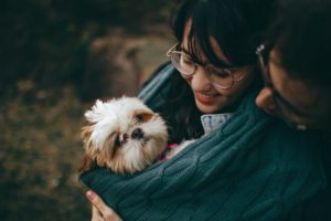 Couple cuddling a dog