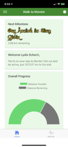 Screenshot of progress page on Walk to Mordor app. A chart at the bottom of it shows that Lydia Schoch is two-thirds of the way finished with the game.