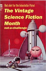 Vintage Science Fiction Blog Challenge badge. It shows a rocket ship against a red background. There is a bubble city in the background. 