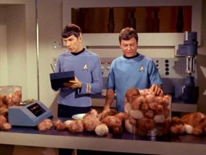 Leonard Nimoy as Mr. Spock and and Deforest Spark as Dr. McCoy. They are looking over a table filled with tribbles. 