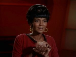 Nichelle Nichols as Uhura. She's holding a tribble. 