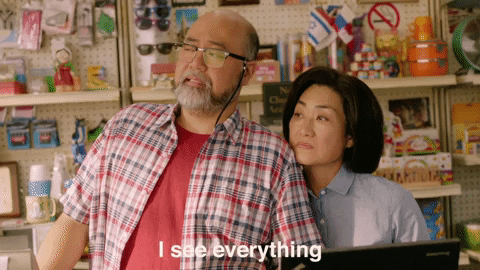 Mr. and Mrs. Kim from Kim's Convenience. He says "I see everything" and she replies, "yeah, me too" in this gif.