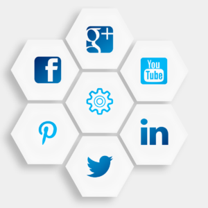 Arrangement of seven hexagons. The one in the midle contains a gear graphic. The rest contain graphics for Facebook, Pinterest, Twitter, Google+, Youtube, and Linkedin. 