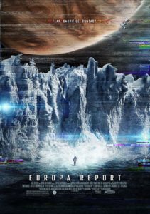 Film poster for Europa Report. Image on poster shows an astronaut standing on an icy plain in Europa while Jupiter looms overhead.