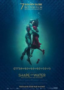 Film poster for The Shape of Water. It shows the two main characters embracing.