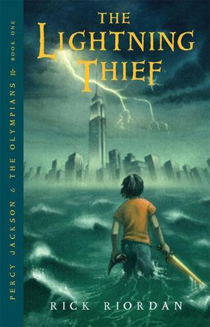 The Lightning Thief: Percy Jackson and the Olympians Series, Book 1 by Rick Riordan. Image on over is of a young boy holding a scroll and wading through water while lighting strikes a city in the background. 