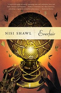 Book cover for Everfair by Nisi Shawl. Image on cover is of a pair of hands holding a globe that's illuminated by gold light and surrounded by flying birds. 