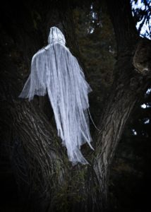 Sheets in a tree that were arranged to look like a ghost floating up in the branches.