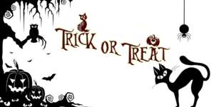 A Halloween drawing that includes the phrase "Trick or Treat," a black cat, two pumpkins, a spider, and an owl sitting in a tree.