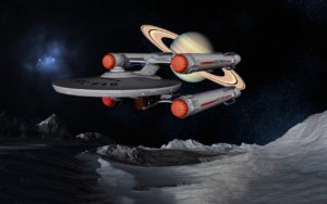 A star trek ship flying above a frozen moon. A planet that looks like saturn is in the distance. 