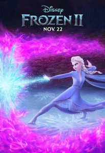 Film poster for Frozen II. Image on poster is of Elsa using her powers to create ice against a purple background.