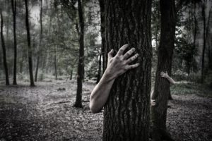 Hands clutching tree trunks menacingly. The rest of the people's bodies are standing behind the trunks out of view. 