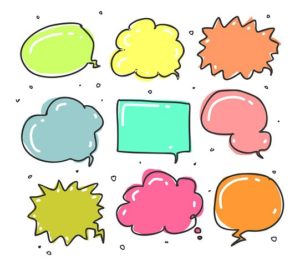 Nine speech bubbles in a variety of shapes and pastel colours.