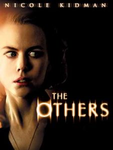 Film poster for The Others. Image on poster is of Nicole Kidman looking scared. 