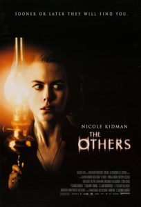 Film poster for The Others. Image on poster is of Nicole Kidman holding a lantern and looking frightened