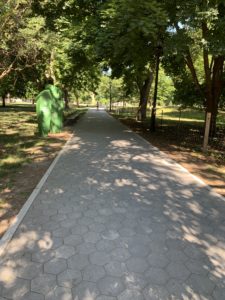 A heavily shaded stone path in a park 
