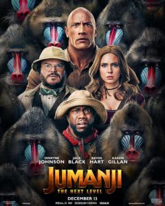 Jack Black, Kevin Hart, Dwayne Johnson, and Karen Gillian posing as their characters in a film poster for Jumanji: The Next Level. They’re all surrounded by baboons. 