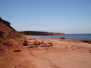 Red sandstone cliffs and red beach at Prince Edward Island. 