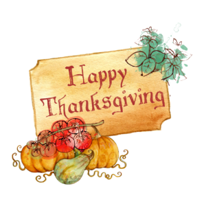 Drawing of the phrase Happy Thanksgiving on a wooden sign. The sign has some leaves flanking it and a pile of squash, tomatoes, and pumpkins sitting below it. 