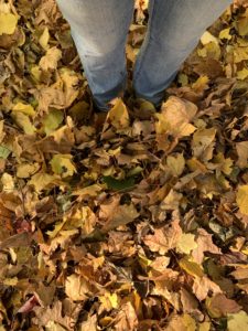 Lower half of a person standing in a pile of autumn leaves. Their shoes are totally covered with leaves. 