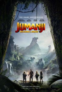 Film poster for Jumanji. image on poster shows four main characters standing at the mouth of a cave looking out onto a jungle with mountains in the distance. 