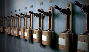 a room filled with levers on its wall