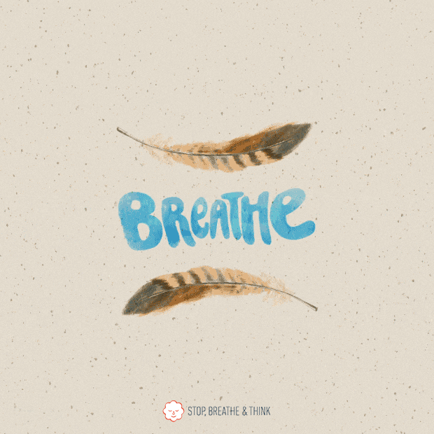 the word breath. there is a feather above and another one below the word, and all three items slowly expand and contract in a gentle breathing pattern.