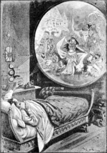 1911 sketch of A man seeing live television in his bed.