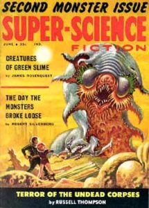 Cover of Super-Science Fiction, June 1959. Image on cover shows two astronauts fighting a house-sized monster that has many tentacles.