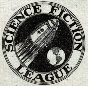 Science Fiction League logo. Image on logo shows rocket ship flying past earth from the perspective of someone who is in outer space looking below at both of these things. 