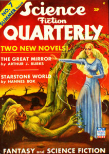 Science Fiction Quarterly cover. Shows man turning into a tree and a woman who appears to be causing it.