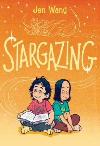 Stargazing by Jen Wang book cover. image on cover is of two cartoon children looking up at the stars. One of them is holding an opened book. 