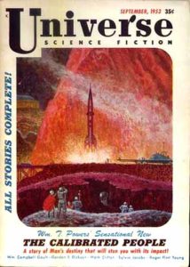 Universe Science Fiction cover from 1953. Image on cover shows small group of people watching a rocket ship take off. 