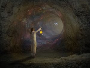 woman wearing a white nightie holding a lantern as she walks through a wormhole. There is a space ship flying through from the other side of the worm hole.