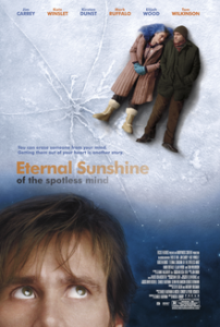 Film poster for Eternal Sunshine of the Spotless Mind. Image on poster shows Jim Carrey looking worridly up at a scene of him and his love interest lying on cracked ice in a pond. 