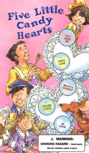 Five Little Candy Hearts by William Boniface book cover. Image on cover shows candy hearts on white platters as cartoon people stand around them. 