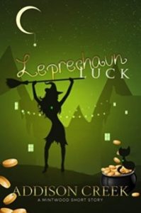 Leprechaun Luck: A Witch of Mintwood Short Story by Addison Creek book cover. Image on cover shows silhouette of a witch holding a broom over her head. She's standing outside by a village and the moon is shining down on her at night. 