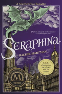 Seraphina (Seraphina, #1) by Rachel Hartman book cover. Image on cover is a drawing of a green dragon flying over a medieval city at night. 