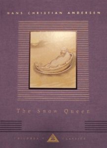 The Snow Queen by Hans Christian Andersen book cover. Image on cover shows a drawing of a gold boat holding a baby floating on a body of water. 