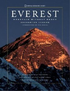 Everest- Mountain without Mercy by Broughton Coburn book cover. Image on cover shows sun setting on Mount Everest. 